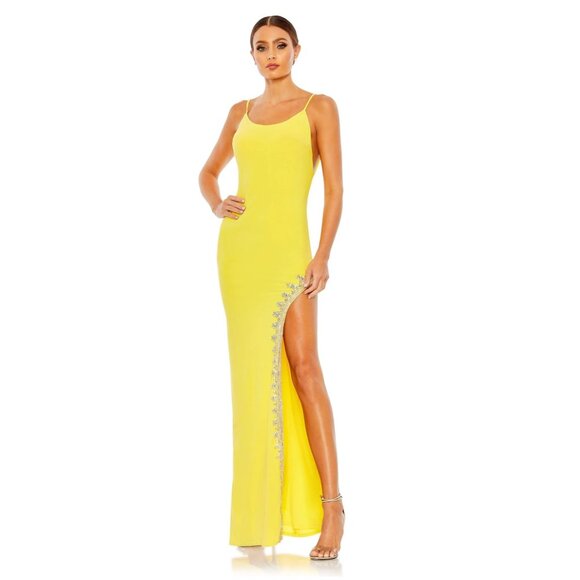 NWT Mac Duggal Rhinestone Encrusted Side Slit Cami Bodycon Gown Yellow 6 #9848 - Picture 1 of 10